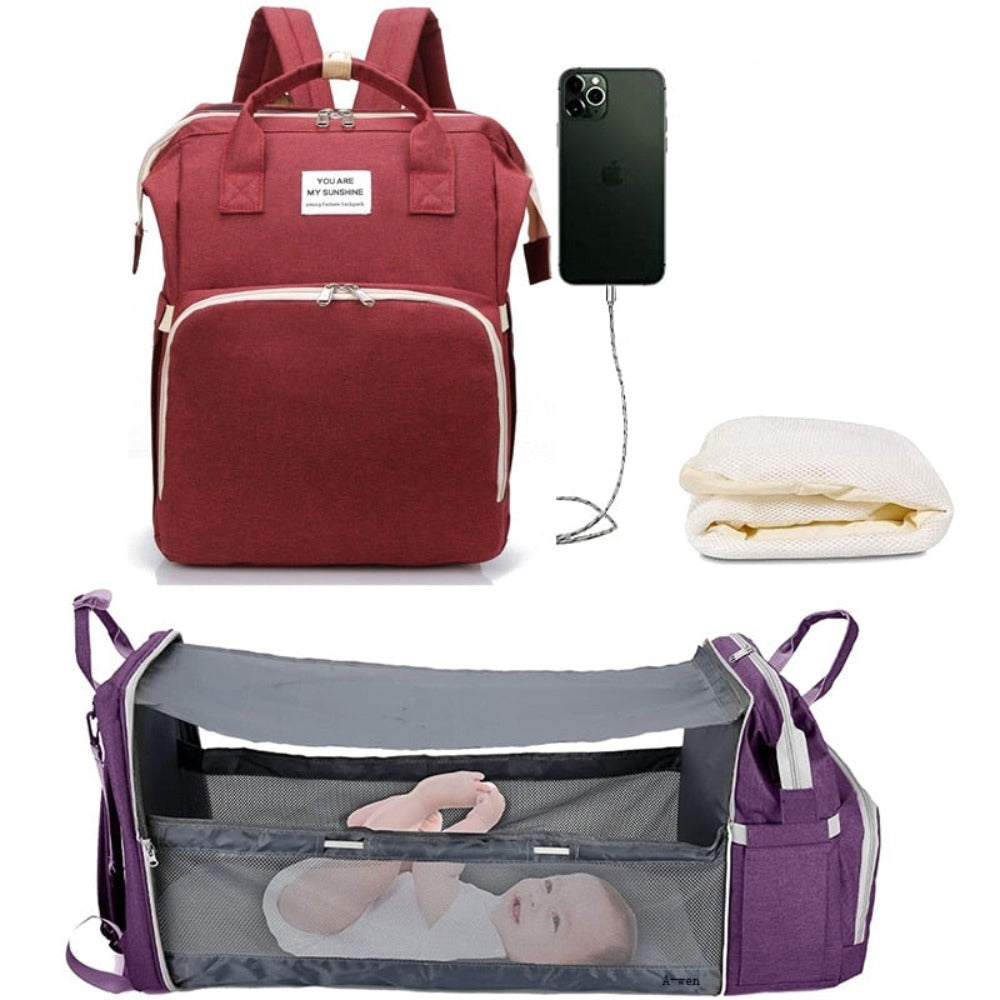 Convertible Diaper Bag Backpack With Portable Crib