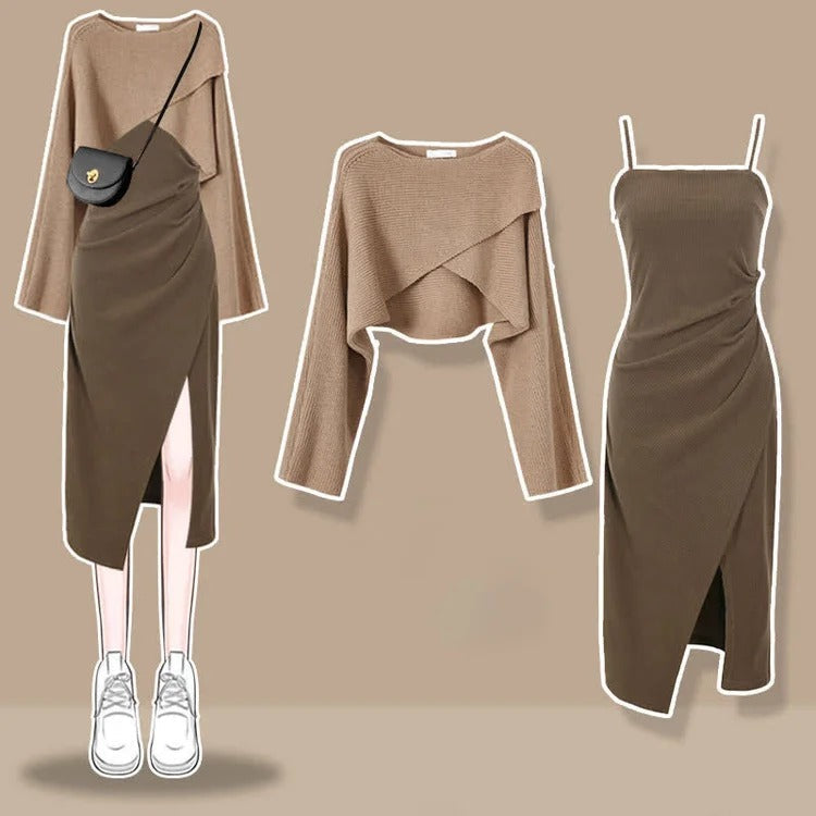 Korea Style Cross Sweater and Ruffle Split Midi Dress Set