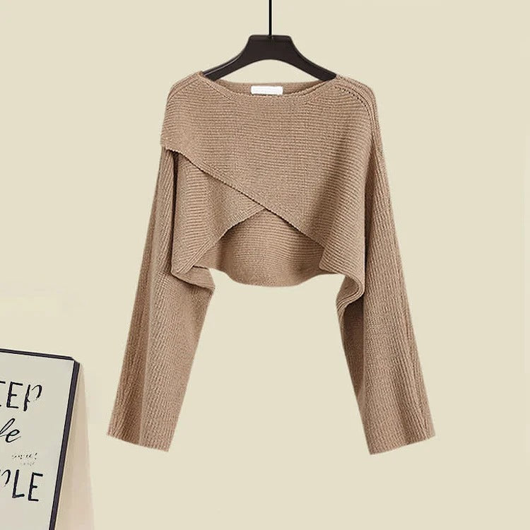 Korea Style Cross Sweater and Ruffle Split Midi Dress Set