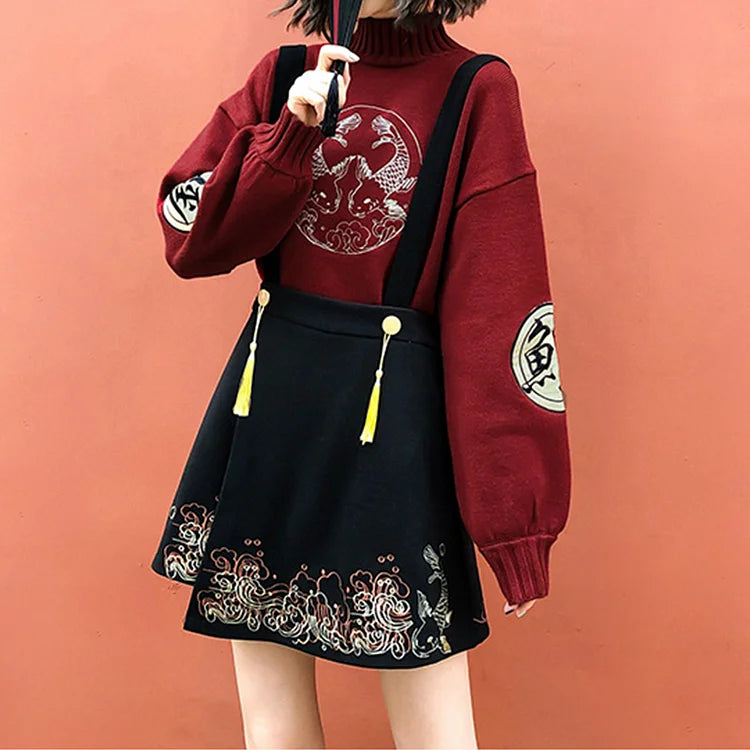 Japanese Koi Fish Embroidery Knit Sweater Tassel Skirt Two Piece