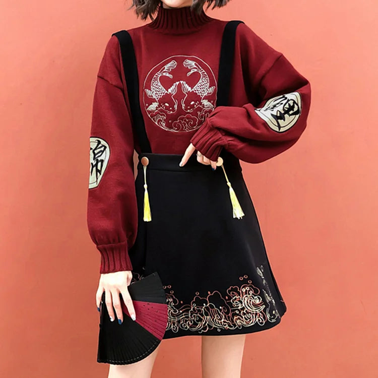 Japanese Koi Fish Embroidery Knit Sweater Tassel Skirt Two Piece