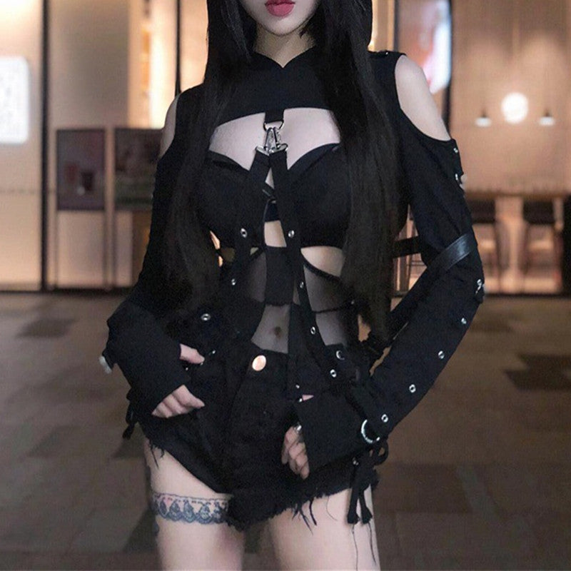 Gothic Hollow Cut Off Shoulder Hoodie